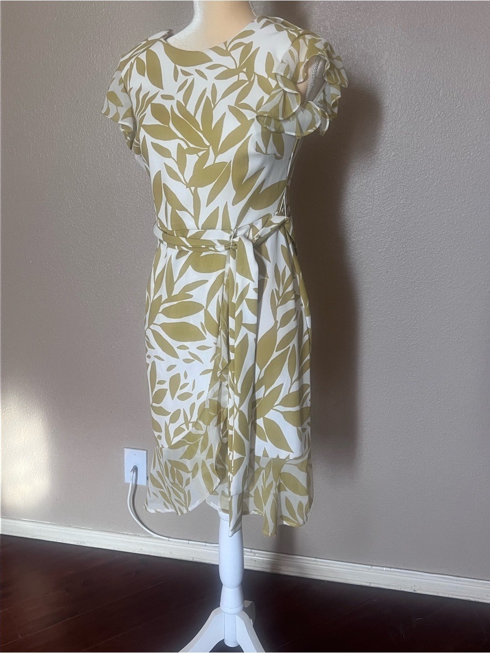 Shelby & Palmer White Midi Dress with Olive Leaf Print and Waist Tie